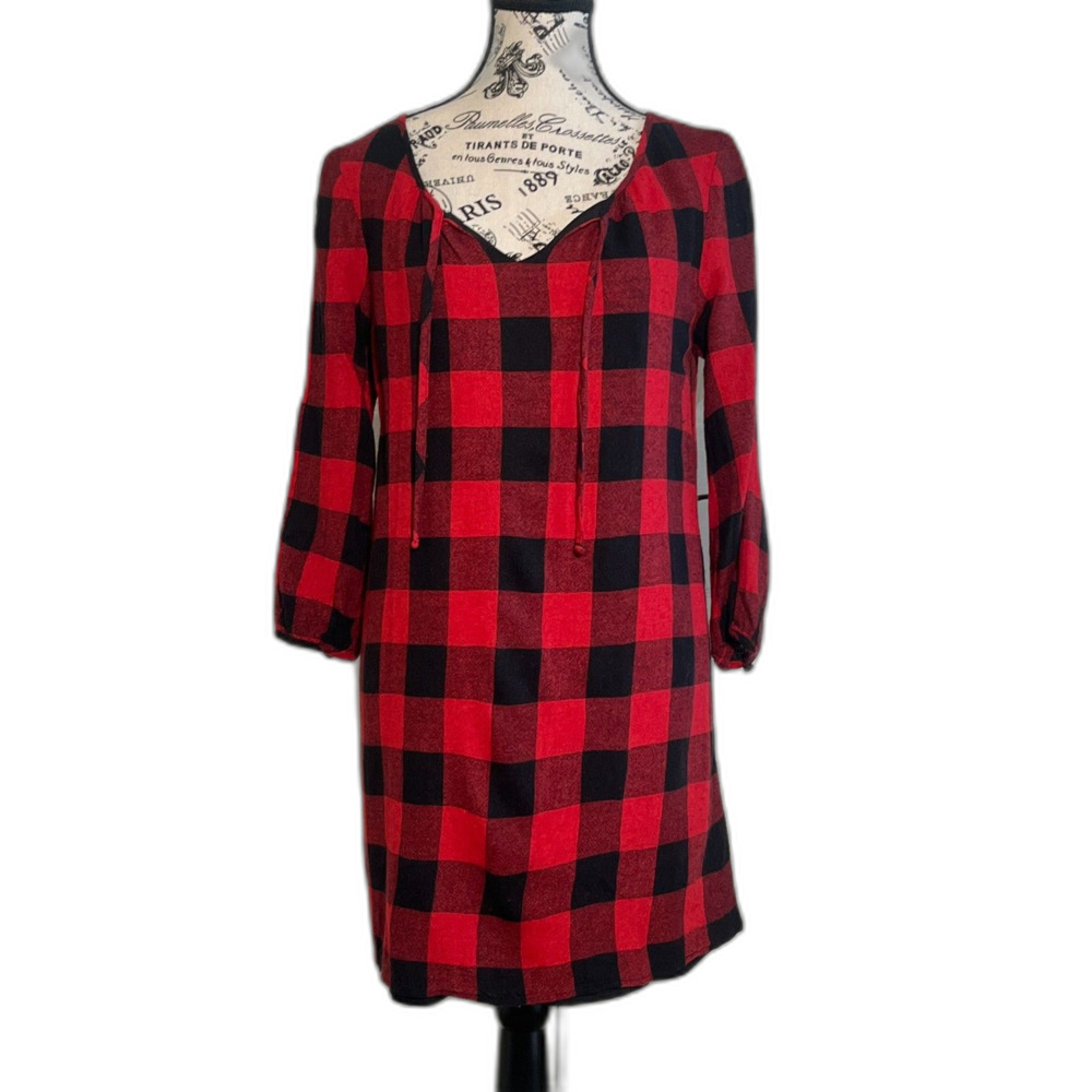 Madewell Buffalo Plaid Red Black Cabincore Wool Blend Mini Dress Small Cozy